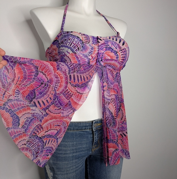 Croft & Barrow Pink Purple Butterfly Wing Sheer Split Front Tankini Bikini 14 - Picture 3 of 9